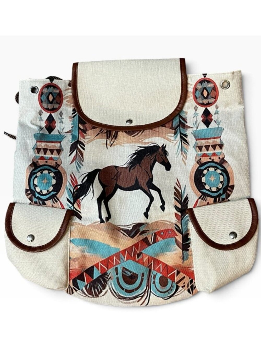Southwestern Native American Horse Turquoise Canvas Backpack Lightweight New